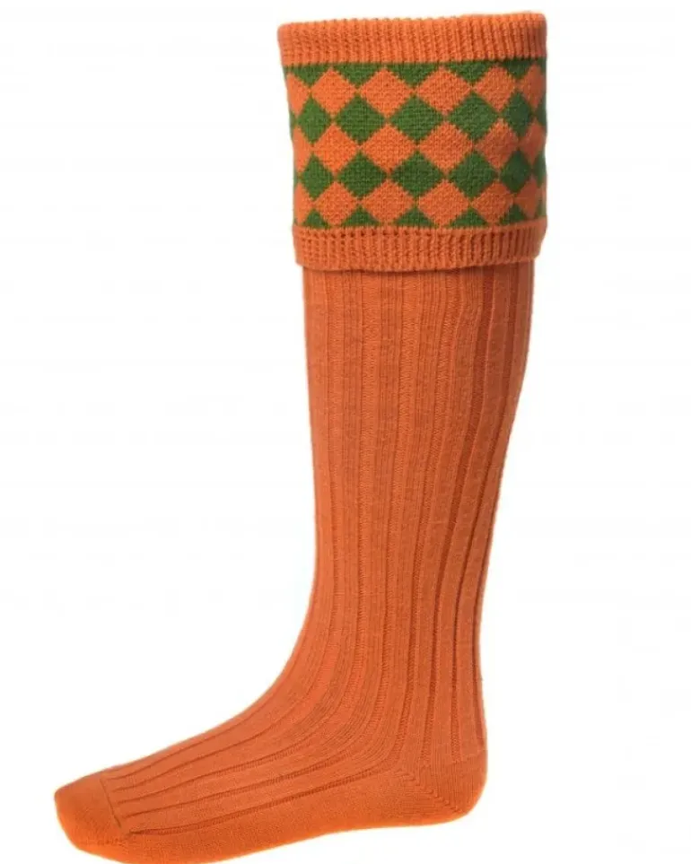 House Of Cheviot Men's Chessboard Sock Burnt Orange/Ivy Green